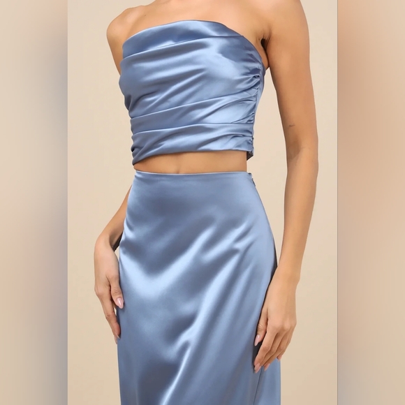 Lulus Demure Sweetie Slate Blue Satin Strapless Two-Piece Midi Dress M Wedding - Picture 3 of 10